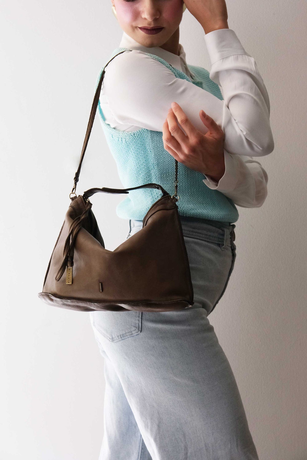 Rechi media hobo bag moss green garment-dyed leather - Made in Italy -