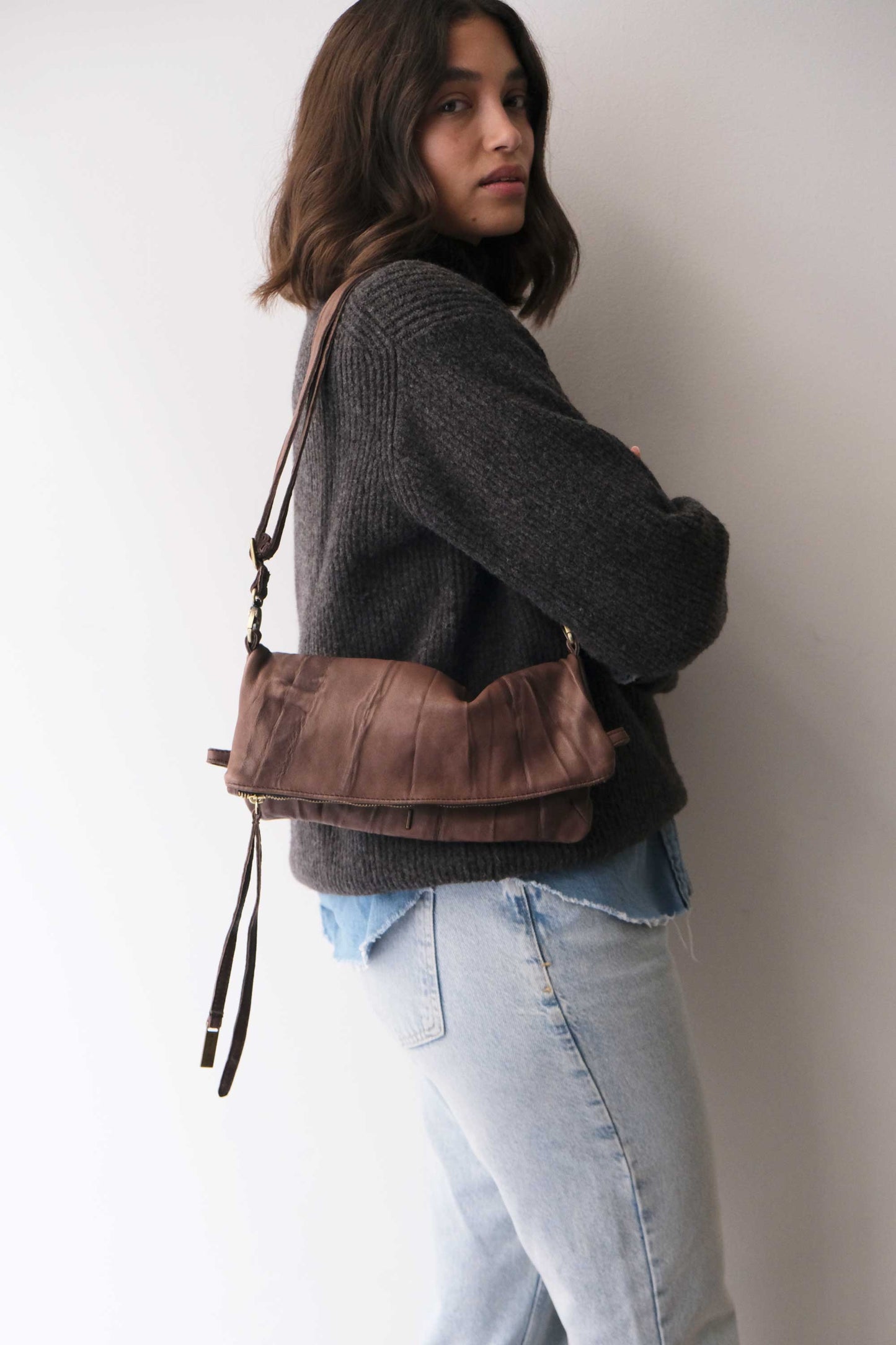 Stella modular pochette in brown nappa washed soft leather leather - Made in Italy -