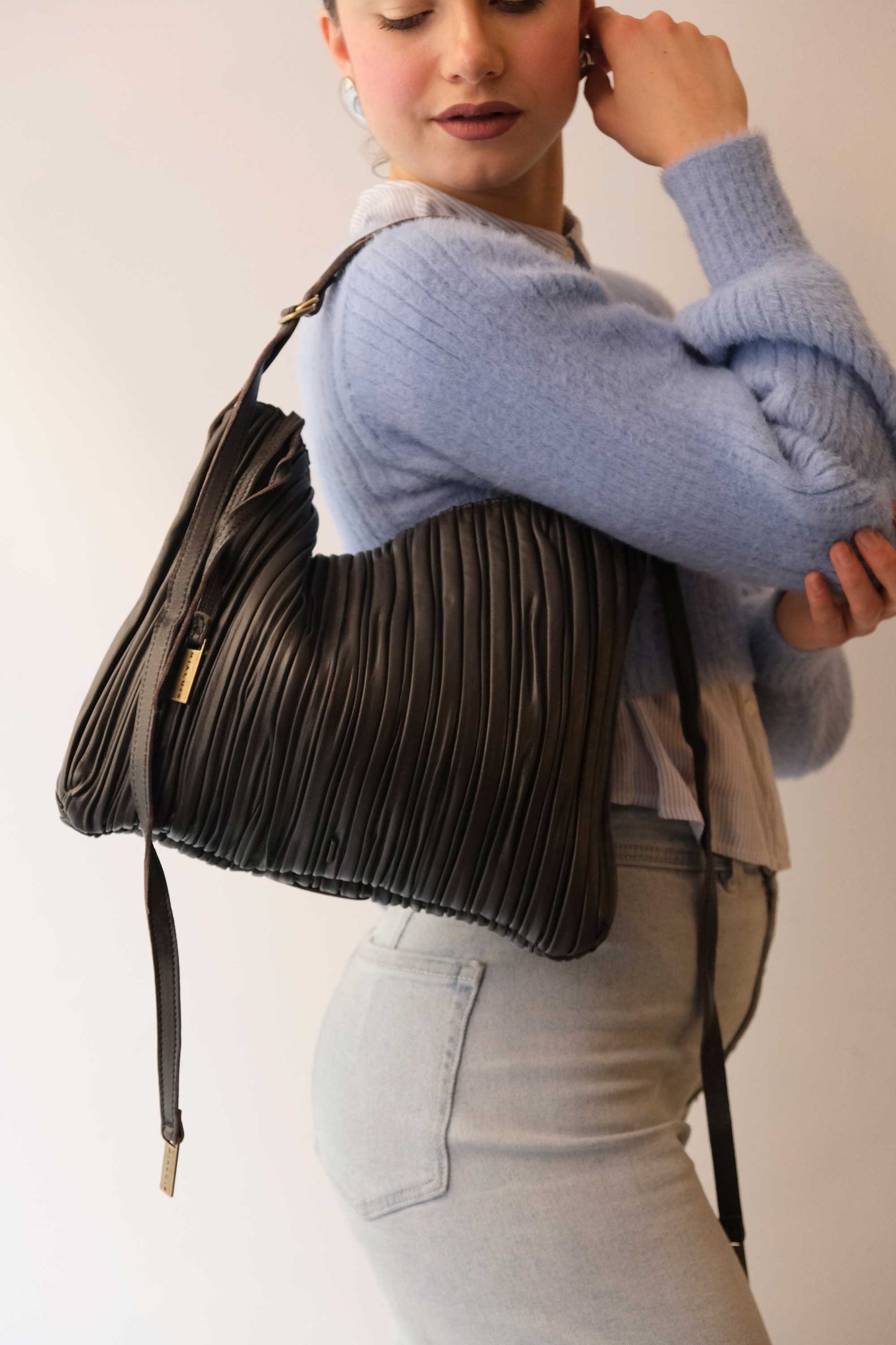 Valentina small hobo bag in brown pleated leather - Made in Italy -