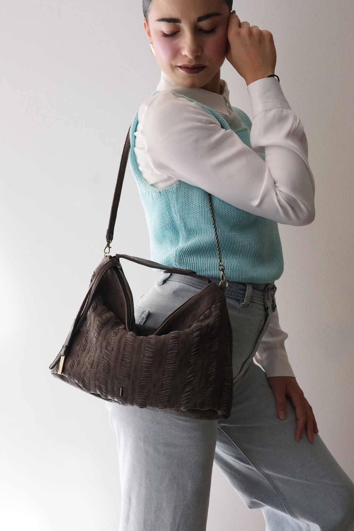 Chicca Media hobo bag in brown fringe nappa - Made in Italy -