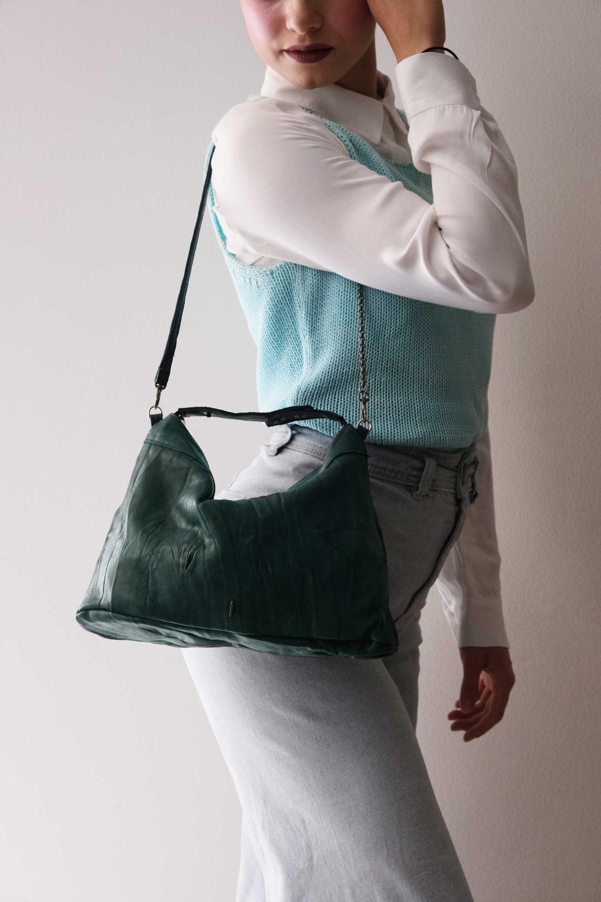 Chicca Media hobo bag in teal lomé nappa - Made in Italy -