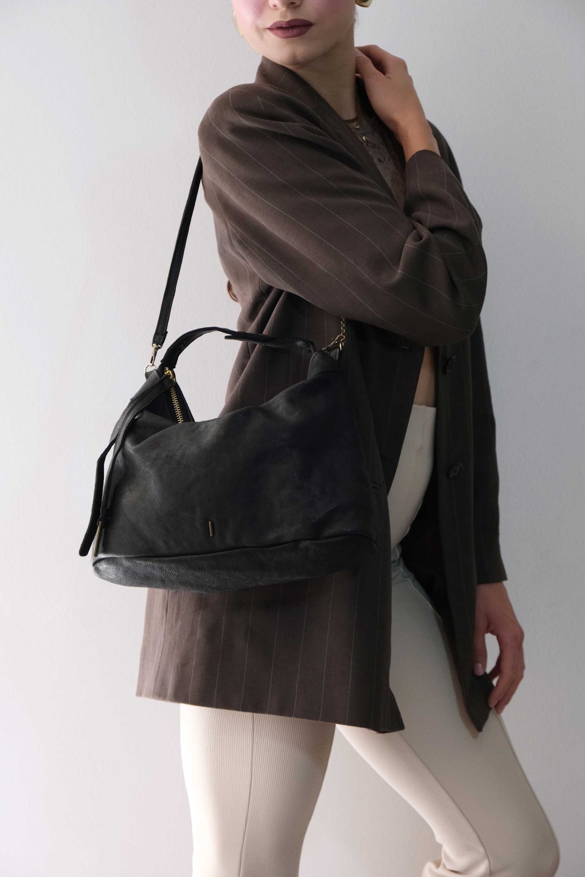 Chicca Media hobo bag in black nappa wash  - Made in Italy -