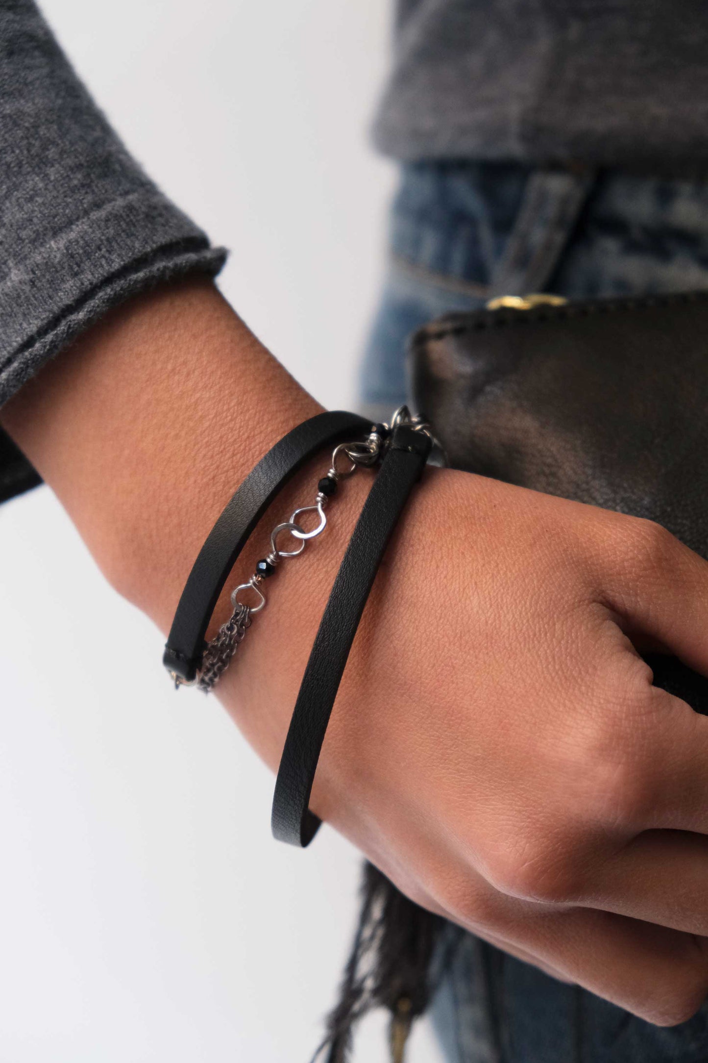 Mia bracciale in pelle nera catene canna di fucile -Made in Italy -