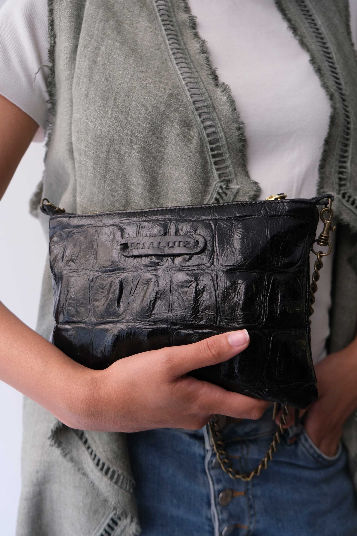 Mikin pochette in black calf leather - Made in Italy -