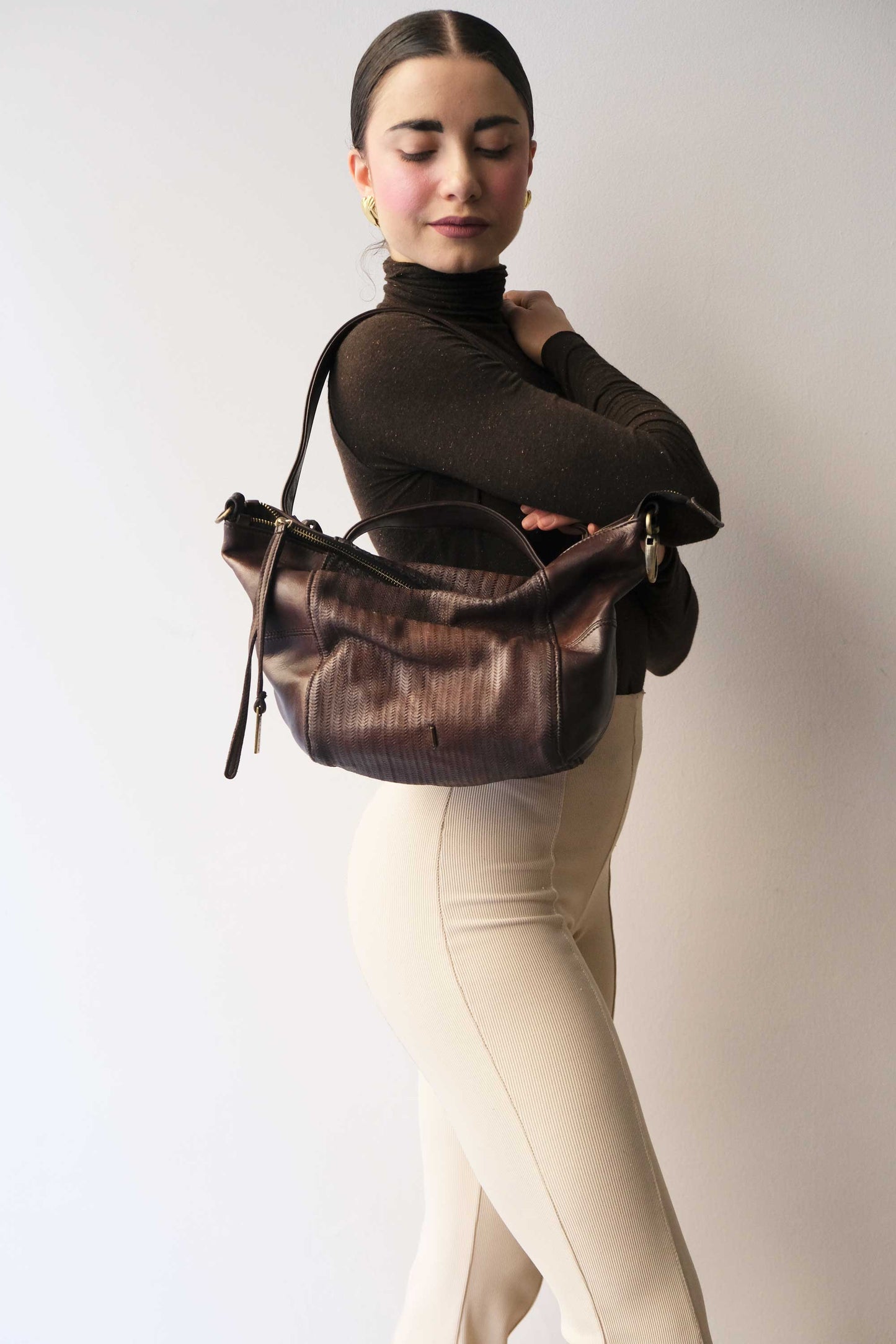 Mina media tote bag in turner caffè soft leather - Made in Italy -