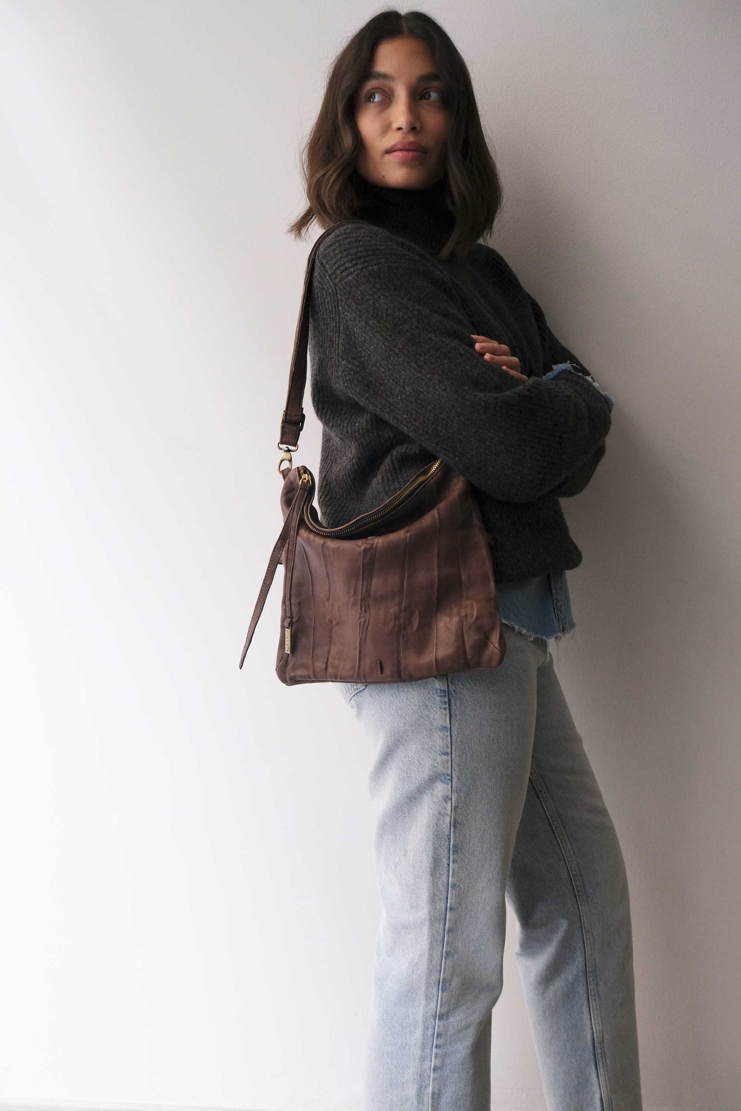 Stella modular pochette in brown nappa washed soft leather leather - Made in Italy -