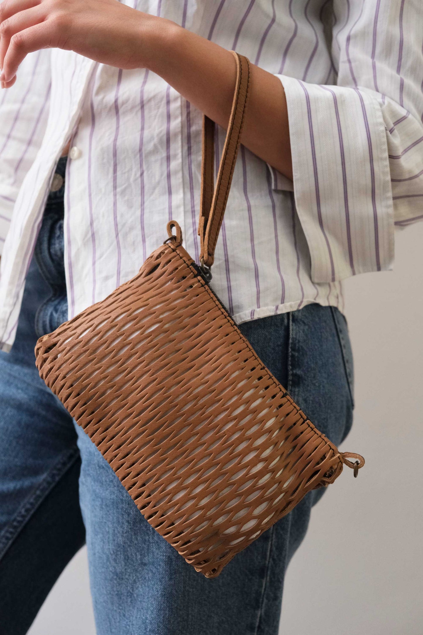 Tina pochette in cognac perforated leather - Made in Italy -