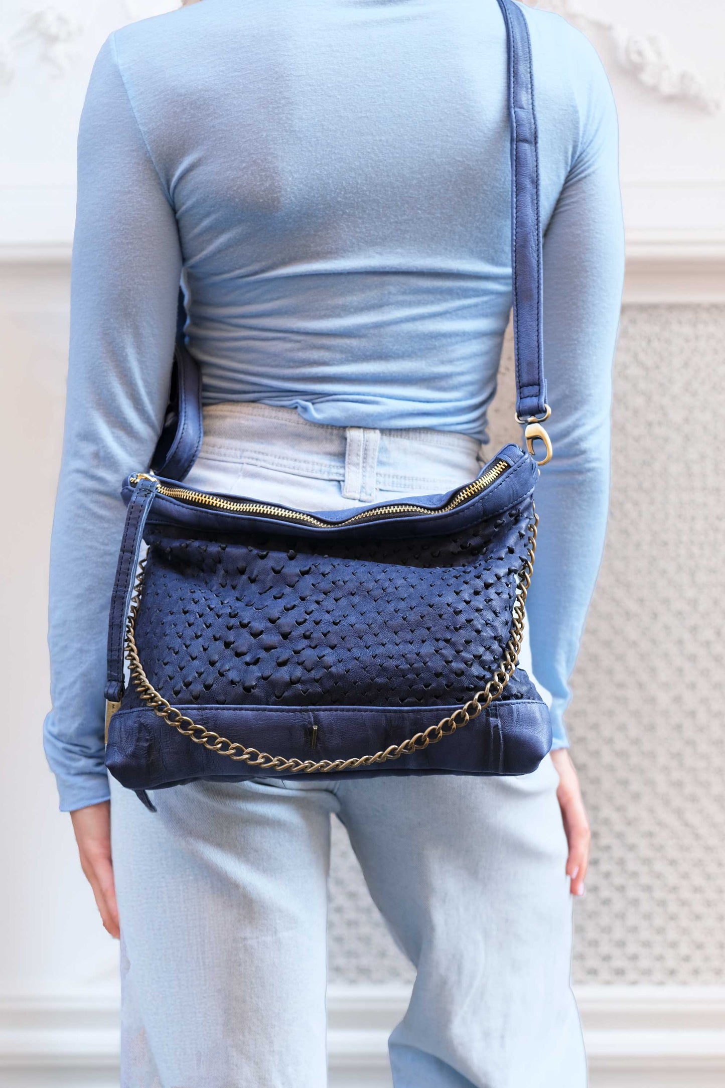 Zoe in cobalt perforated nappa leather - Made in Italy -