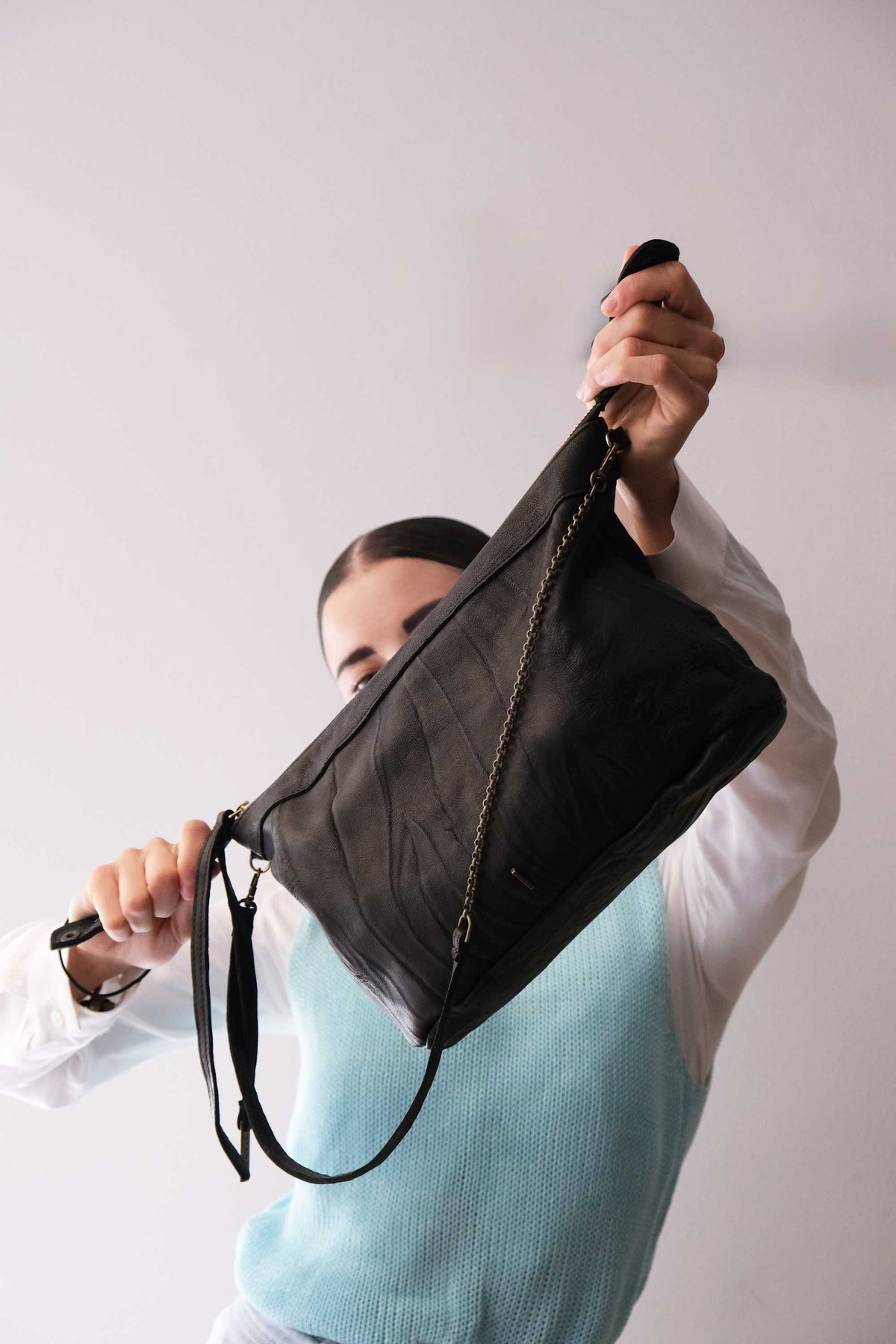 Chicca Media hobo bag in black lomé nappa - Made in Italy -