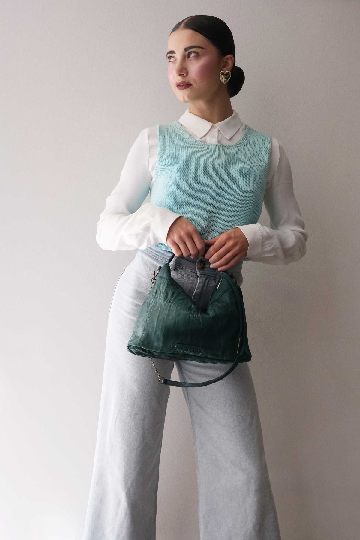 Chicca Media hobo bag in teal lomé nappa - Made in Italy -