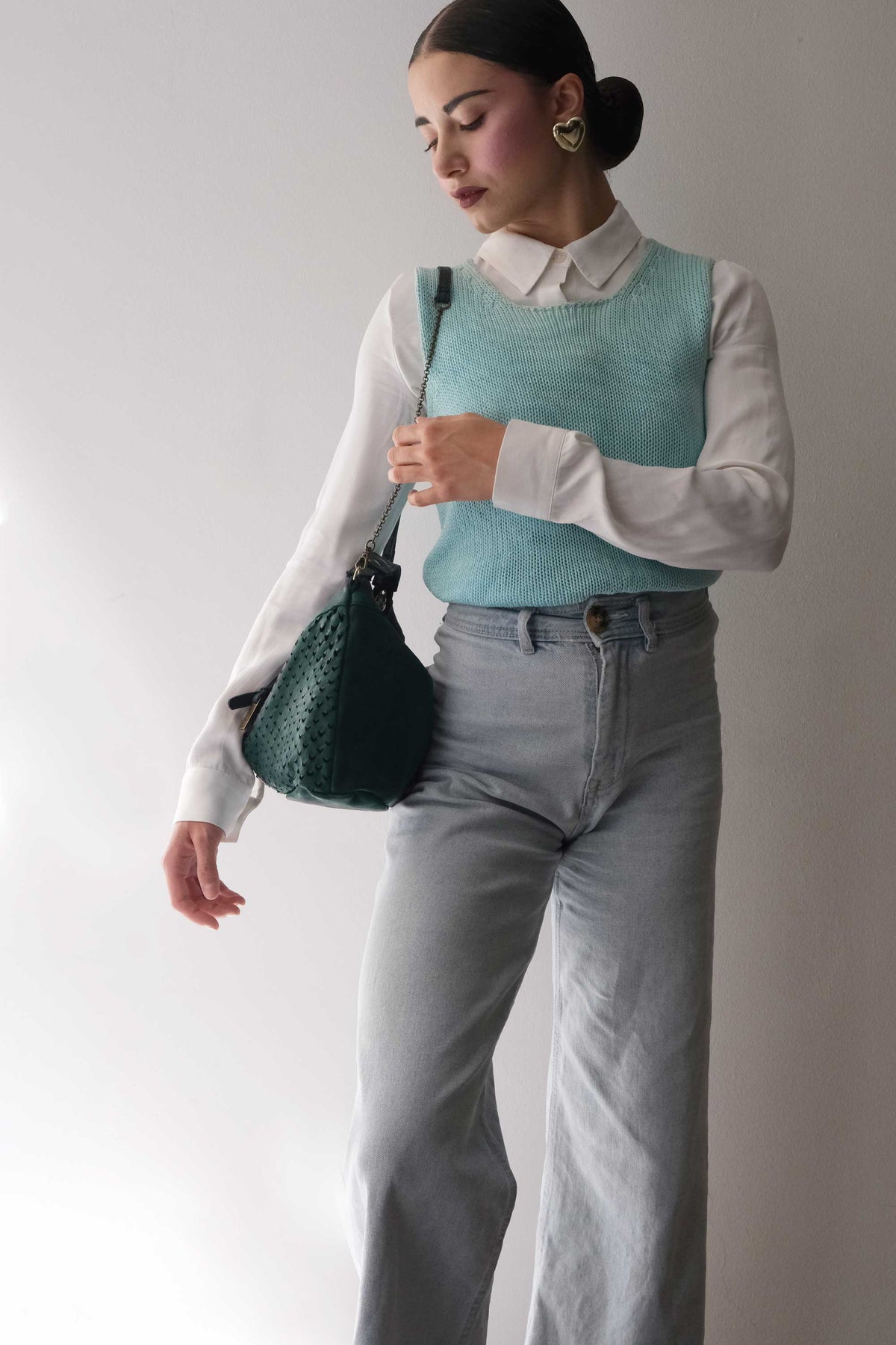 Chicca Media hobo bag in teal perforated nappa - Made in Italy -