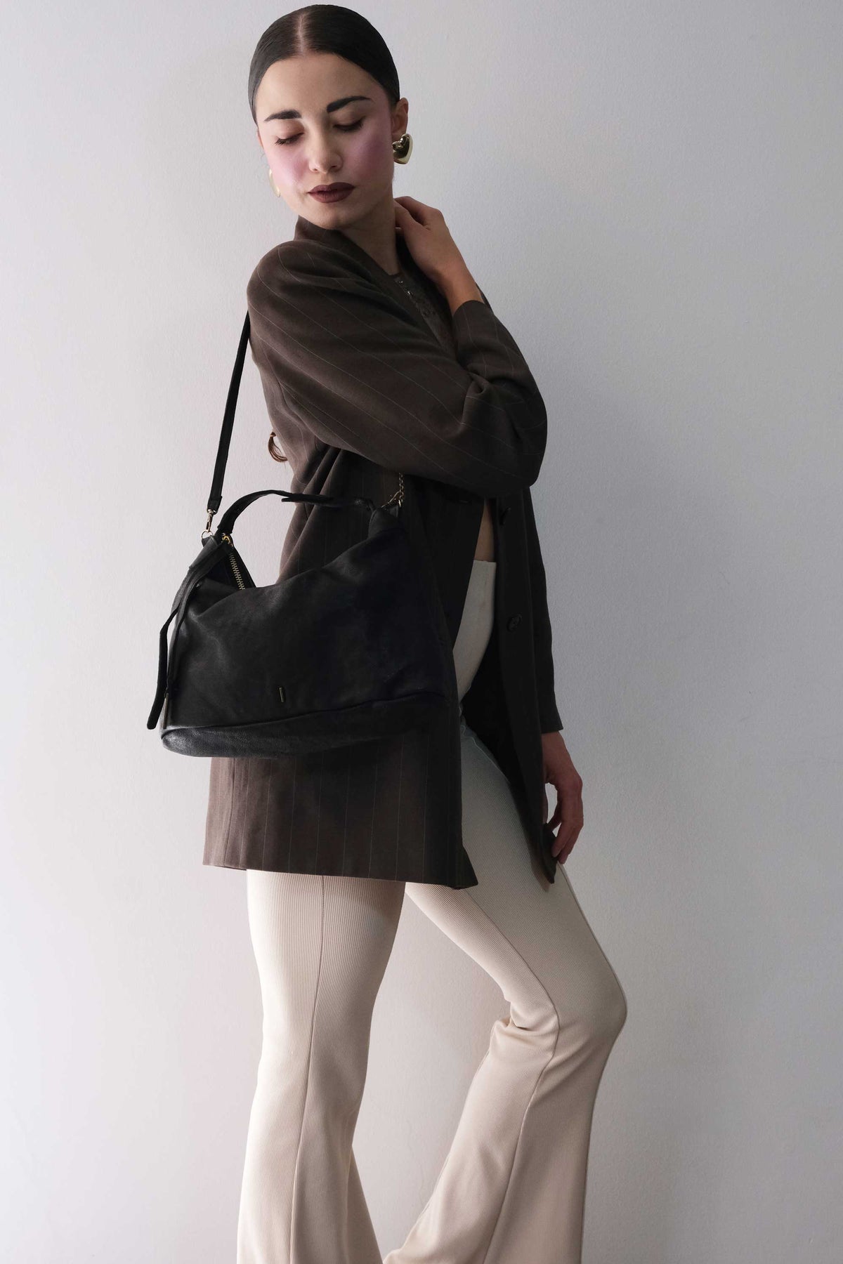 Chicca Media hobo bag in black nappa wash  - Made in Italy -