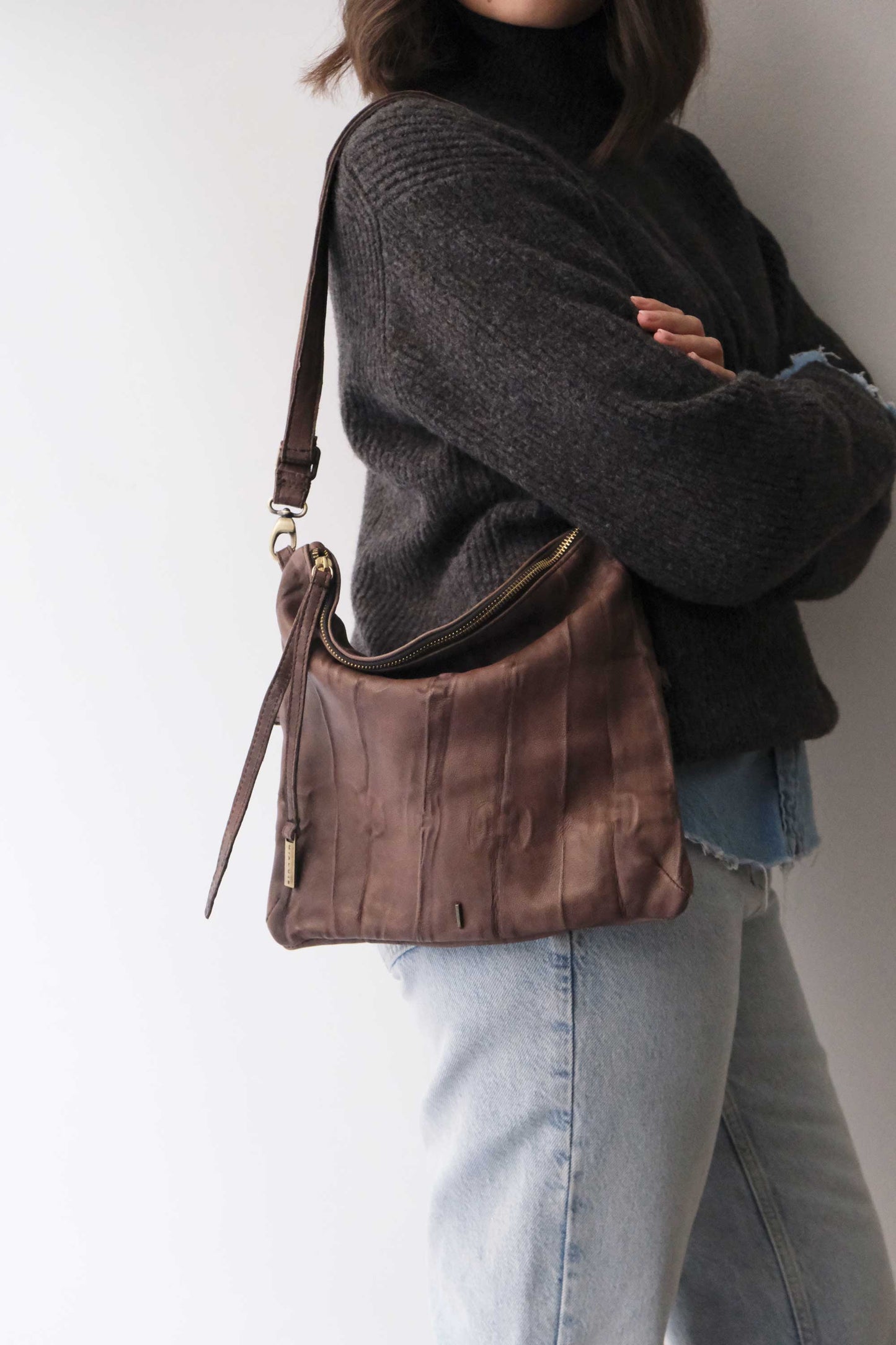 Stella modular pochette in brown nappa washed soft leather leather - Made in Italy -