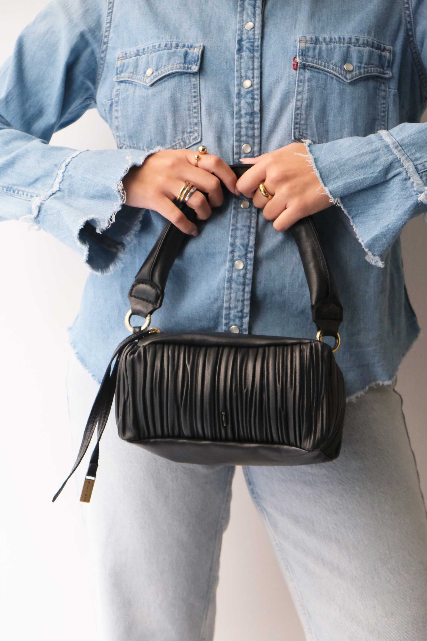 Bobo mini in black pleated leather nappa - Made in Italy -