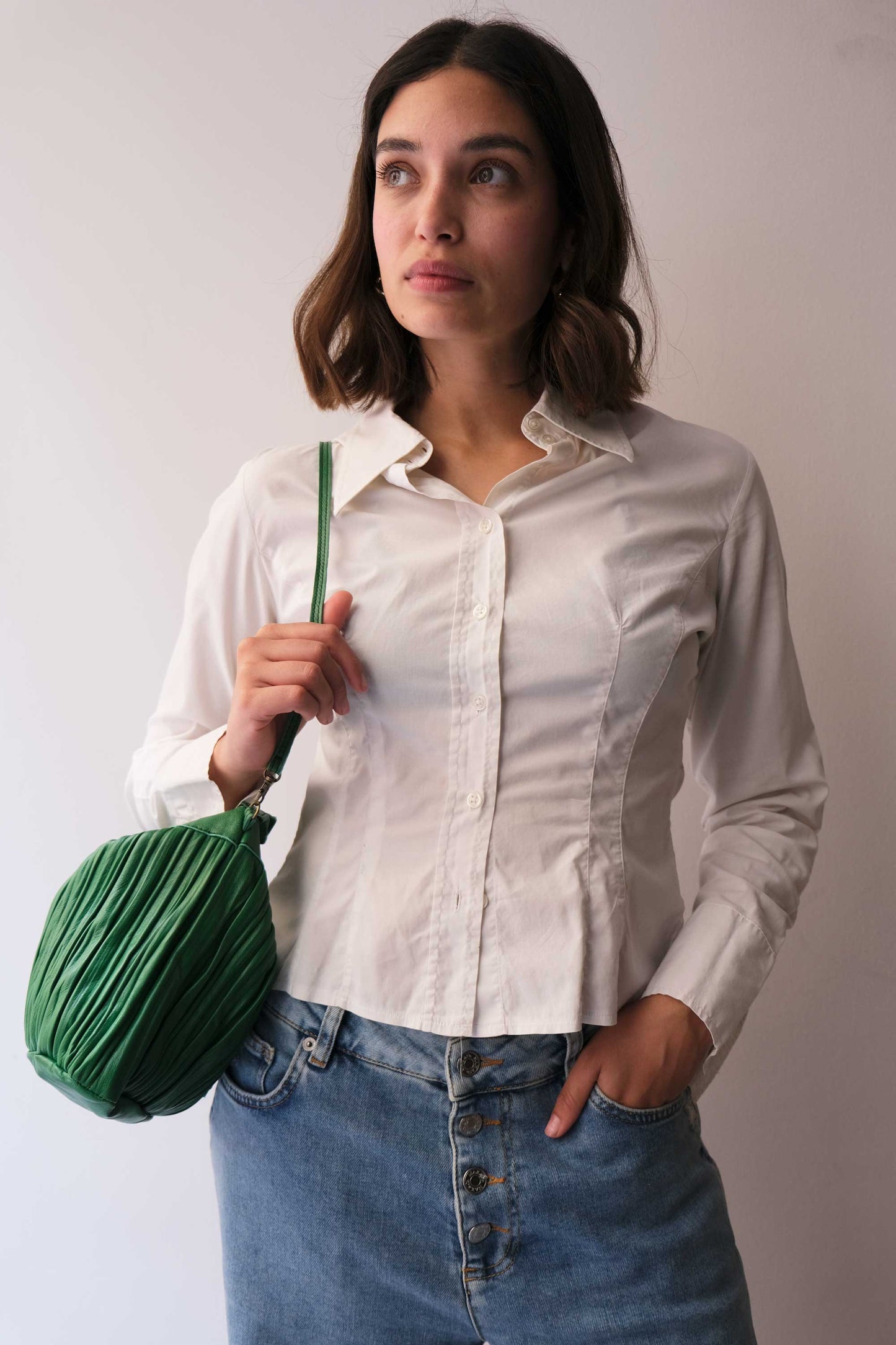 Chicca Media hobo bag in emerald pleated leather