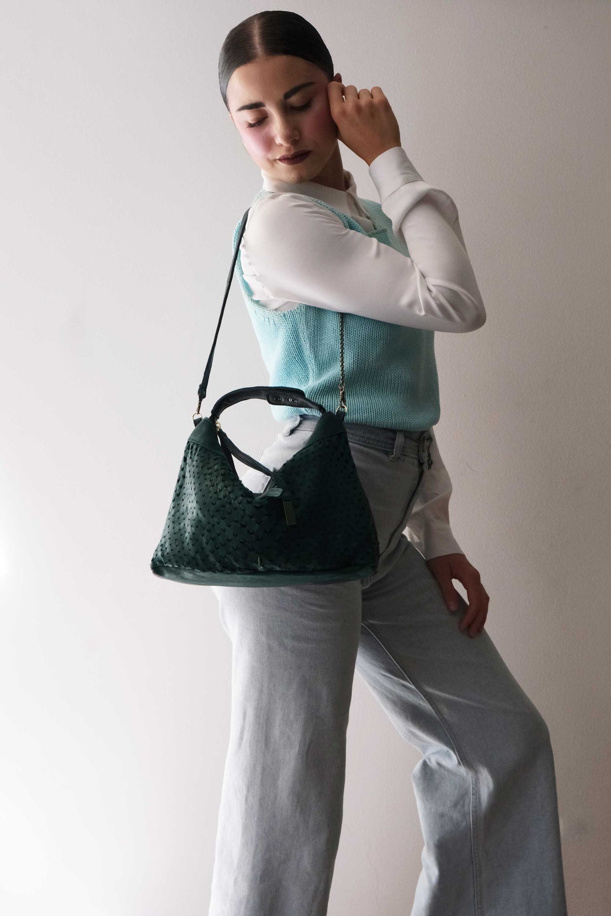 Chicca Media hobo bag in teal perforated nappa - Made in Italy -