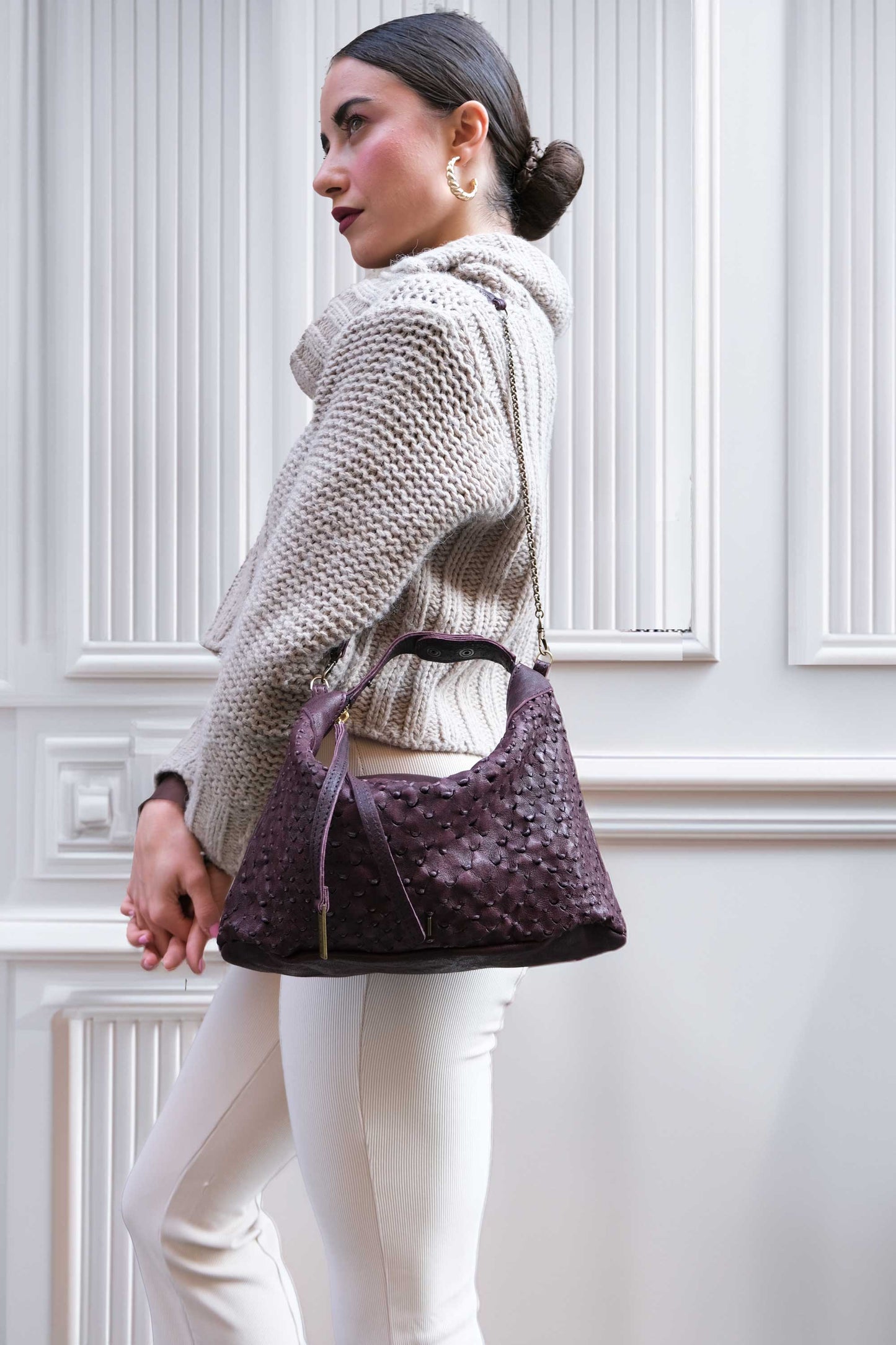 Chicca Media hobo bag in plum perforated nappa - Made in Italy-