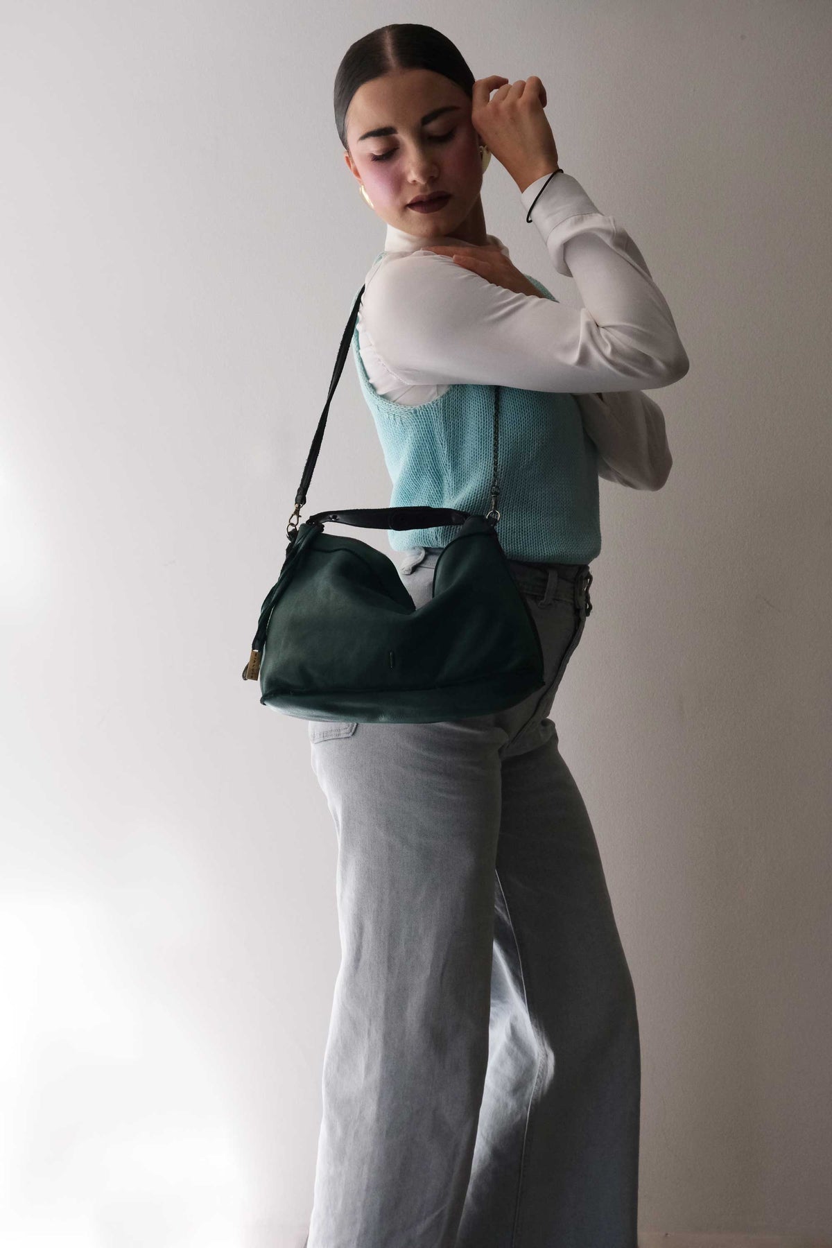 Rechi media hobo bag teal garment-dyed leather - Made in Italy -