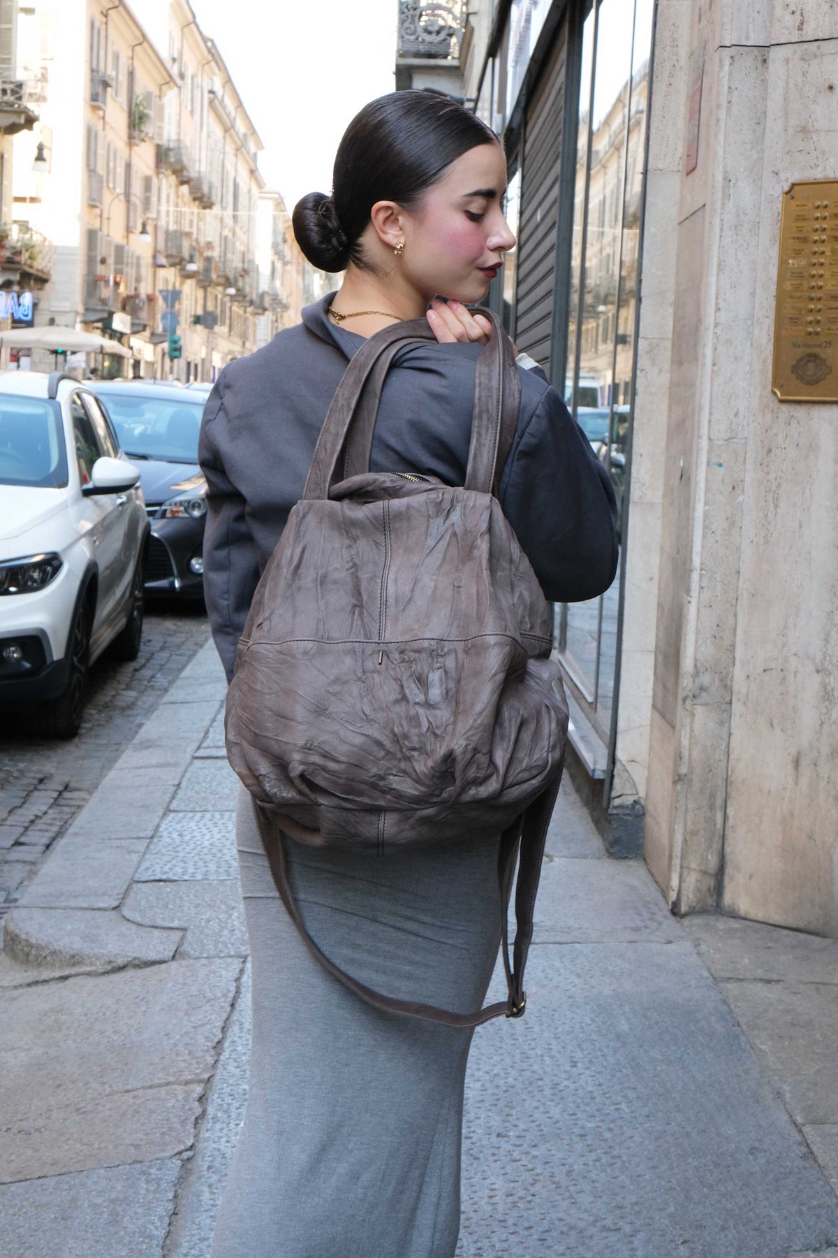 Riri tote bag in soft nappa lomé tobacco - Made in Italy -