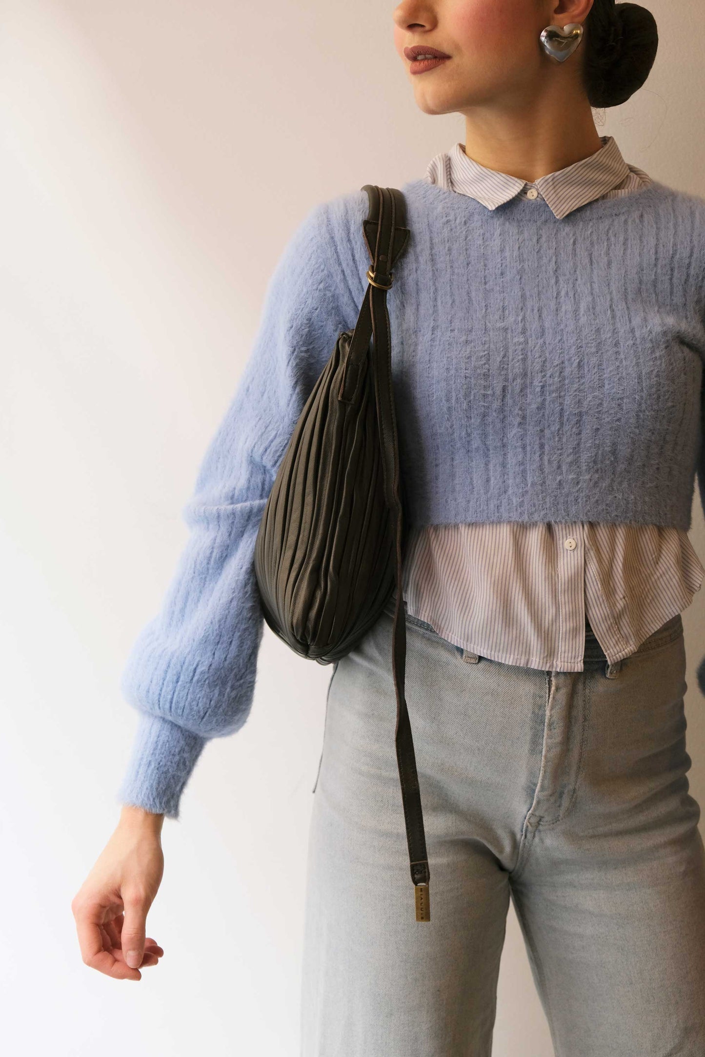 Valentina small hobo bag in brown pleated leather - Made in Italy -