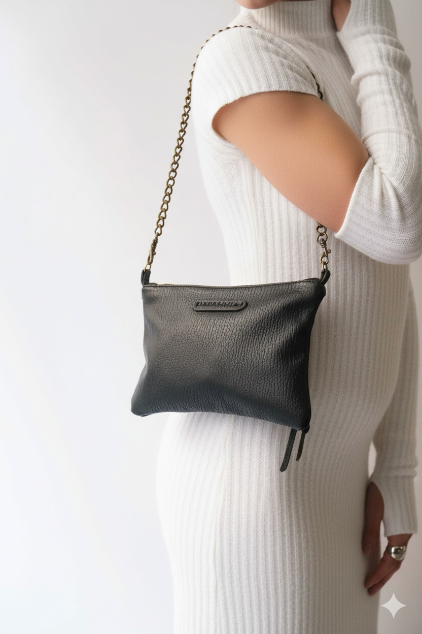 Mikin black pochette in vegetable-tanned leather – Made in Italy -