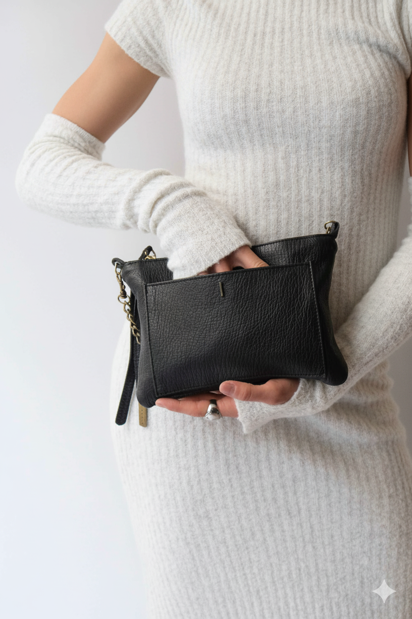 Mikin black pochette in vegetable-tanned leather – Made in Italy -
